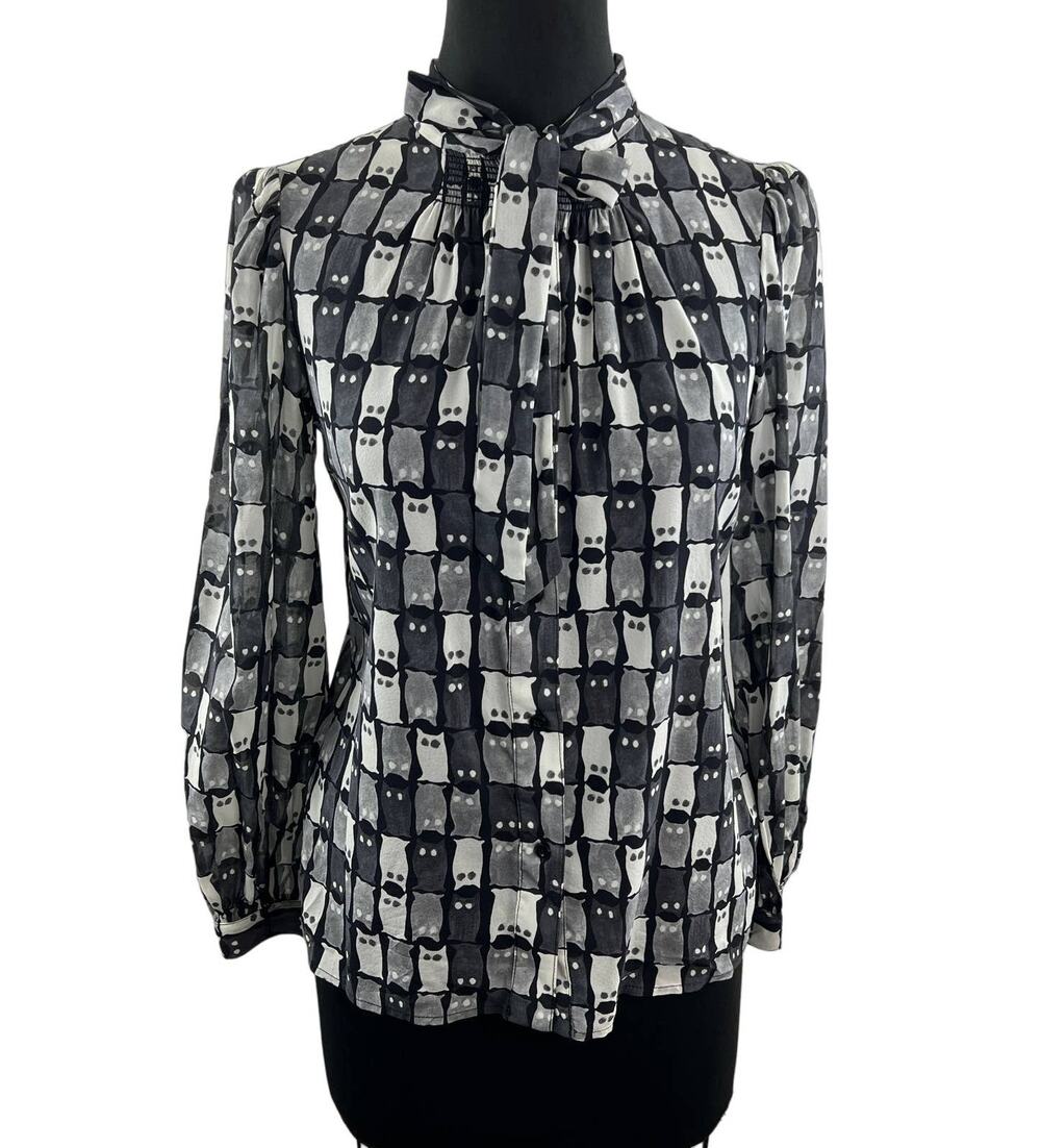 MILLY Black Gray Owl Print Silk Blouse Button-Up Tie-Neck Long Sleeves Stretch 4